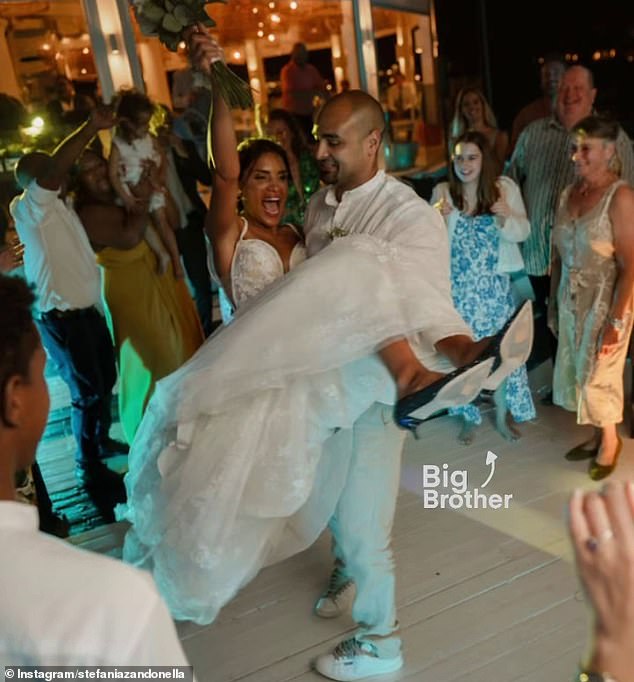 The couple tied the knot on June 1 in a secret ceremony in Mauritius and surprised fans with the news almost three weeks later (Stefania is pictured with her brother at the ceremony).