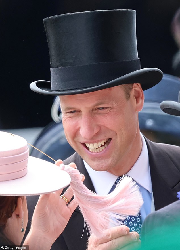 The Prince of Wales smiled playfully at Eugenie, who tried to hold on to his thick pink tassel.