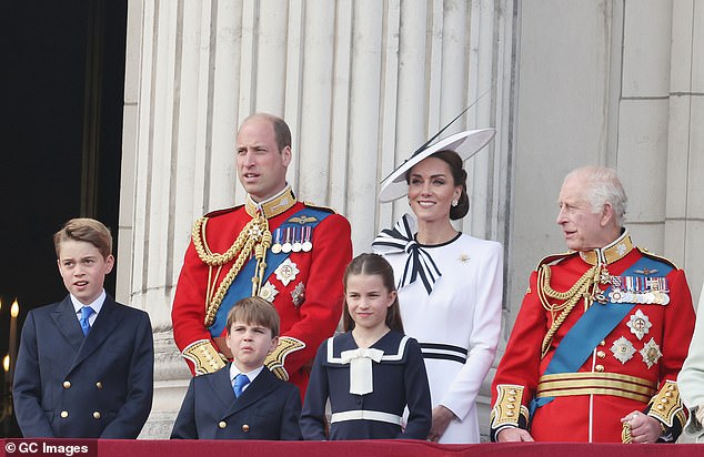 William and Kate with Charles and their three children watching the flyover from the Palace balcony on Saturday... William is said to want a European-style 'slimmed monarchy'