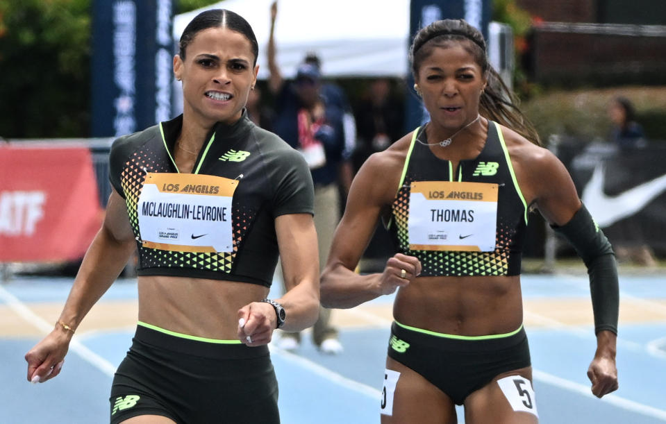 Los Angeles, CA - May 18: Sydney McLaughlin-Levrone of USA wins the women's 200 meter race with a time of 22.07 while Gabby Thomas finished sixth with a time of 22.68 during the Los Angeles Grand Prix track and field meet USATF Angels at Drake Stadium on the UCLA campus in Los Angeles on Saturday, May 18, 2024. (Photo by Keith Birmingham/MediaNews Group/Pasadena Star-News via Getty Images)