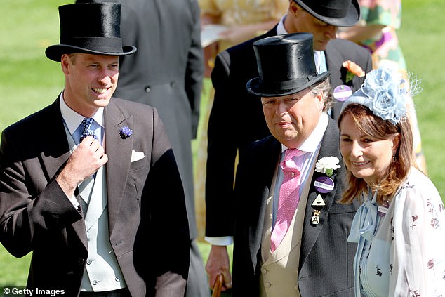 Prince William, Sir Francis Brooke and Carole Middleton smile as they attend the second day of Royal Ascot 2024.