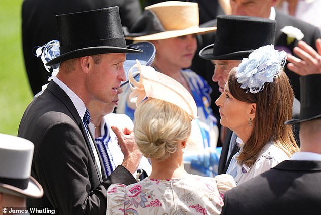 Prince William chats deeply with Carole Middleton and Zara Tindall at Royal Ascot today