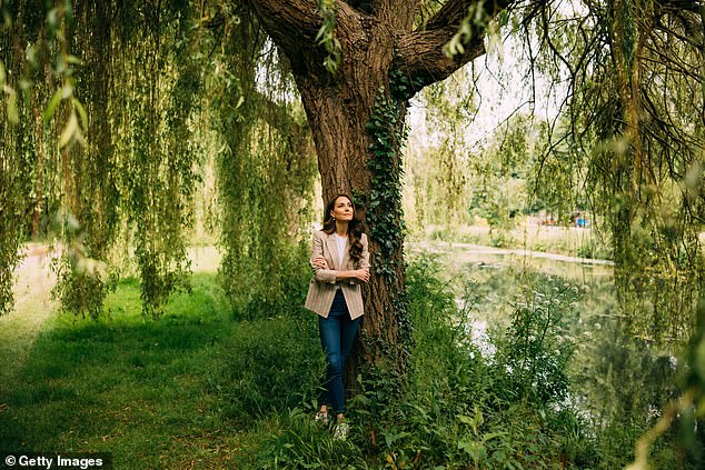 Alongside a new photo of Kate (above) standing alone in a lush green forest, looking up at the sun in a spirit of health, renewal and optimism, a statement read: 