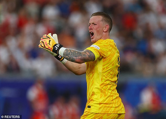 Jordan Pickford (pictured) had to make a lot of saves considering how much of the ball Denmark had.