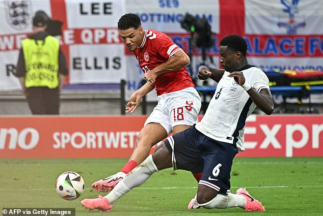 Marc Guehi (right) recovered well and made an excellent tackle to stop a cross from Alexander Bah (left).