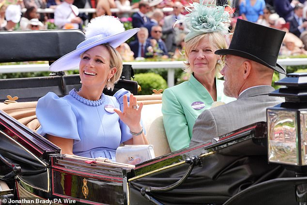 Zara Tindall (left). The Duchess of Richmond and Gordon Center) and Mike Tindall arrive by carriage