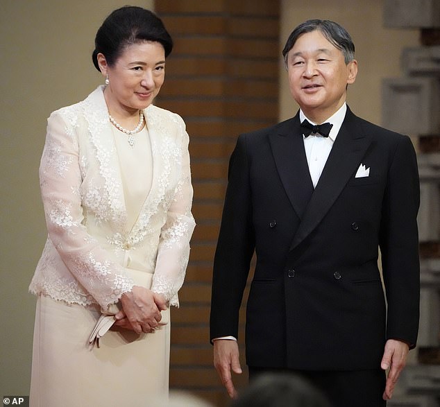 The Emperor plans to fly to the UK with his wife, Empress Masako (both pictured), on Saturday and stay for eight days.