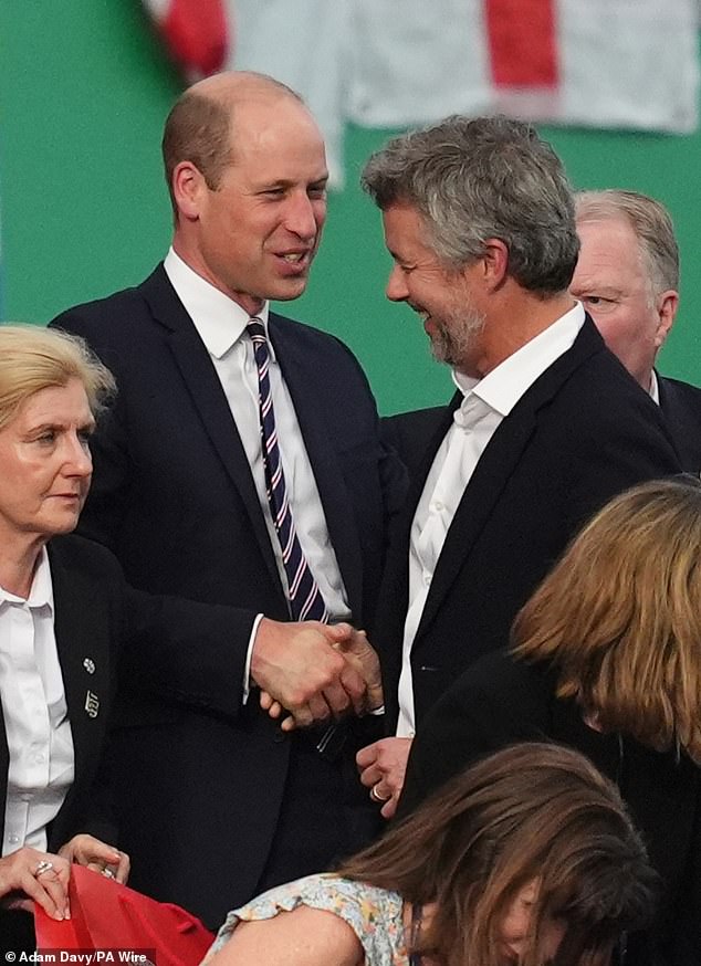 The two shook hands affectionately during the game. In addition to Frederick and William, other European royals make up Constantine's impressive cast of godparents, including Victoria, Crown Princess of Sweden, and King Philip VI, King of Spain.