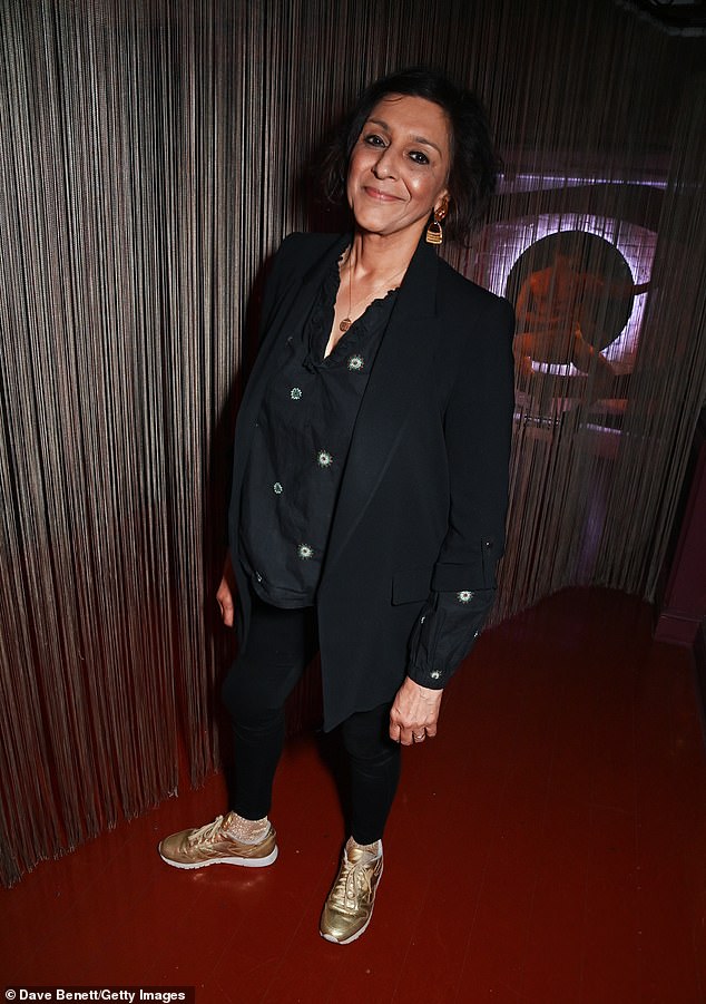 Meera Syal paired her all-black ensemble with a pair of eye-catching gold sneakers.