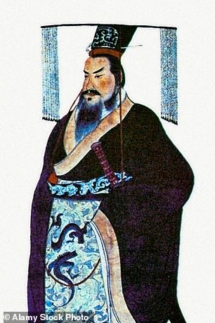 Above, a depiction of Qin Shi Huang, the ruthless first emperor of China, dated around 1850 AD