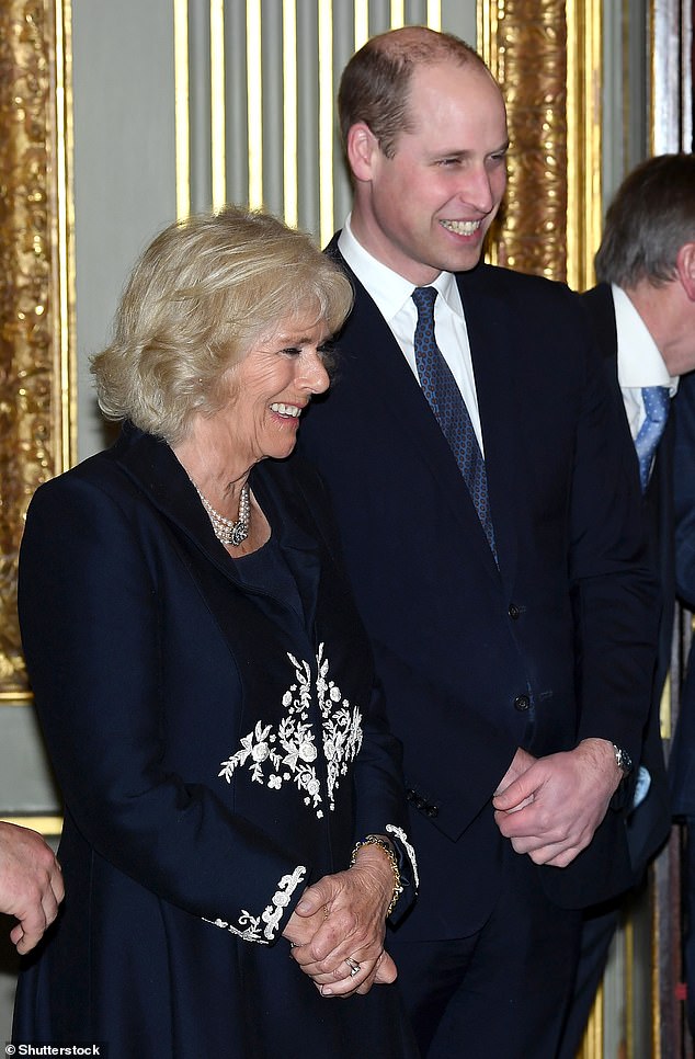 The then Duchess of Cornwall and Prince William smile as they chat with others at the Commonwealth Day reception in 2018.