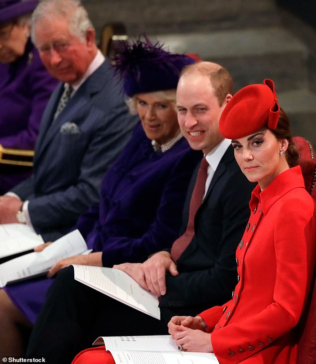 William, Camilla and Kate are pictured chatting at the Commonwealth Service at Westminster Abbey in 2019.