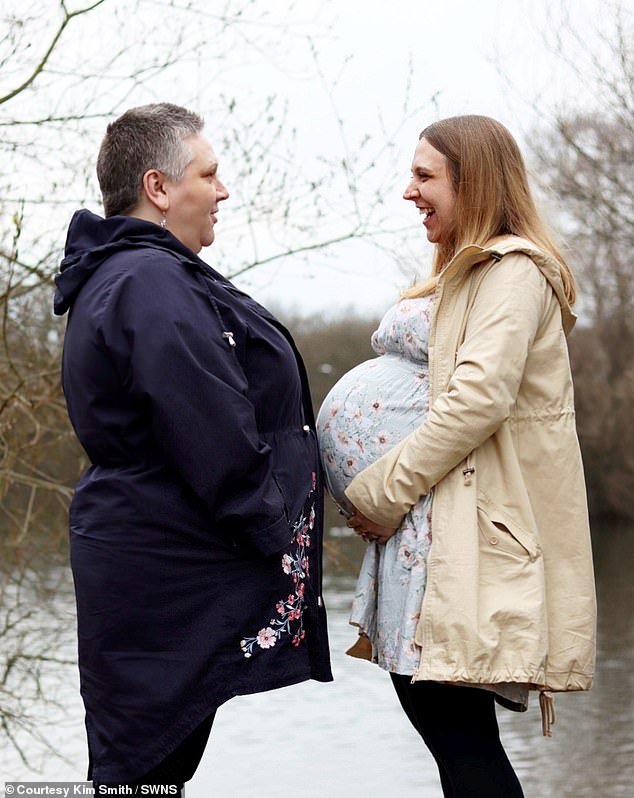 Kim is shown smiling as she shows off her baby bump with her mother, Emma, ​​who has been a surrogate six times.