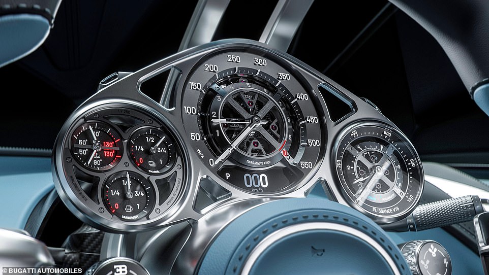 The instrument panel has been designed and built by Swiss watchmakers, with 600 parts including titanium and precious stones: 