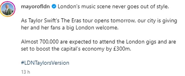 Sharing a photo of himself on the Taylor-themed Wembley steps, Sadiq Khan even confirmed himself as a Swiftie when he took to Instagram to welcome the singer.