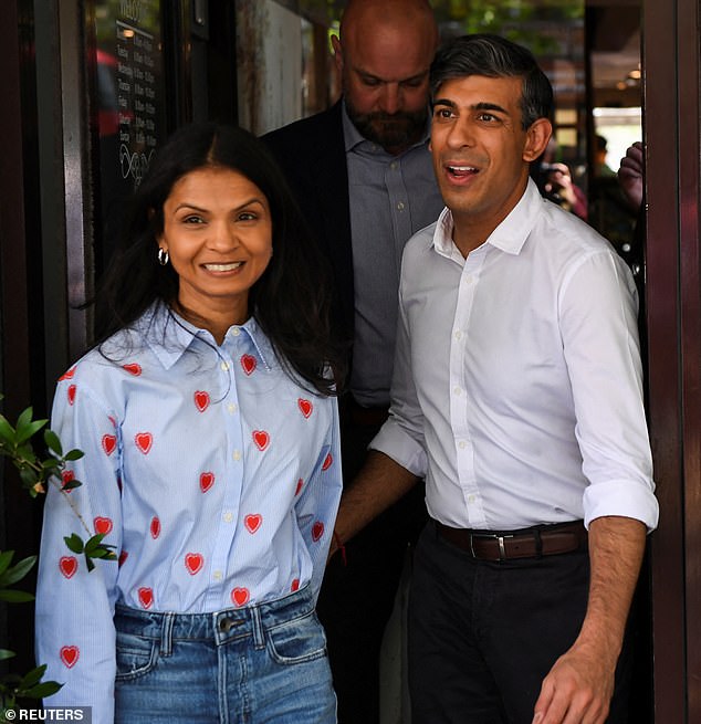 Appearing alongside her husband in May, Ms Murty wore a loose-fitting embroidered shirt from Boden - currently £34 but originally priced at £85 - which she first wore in May 2023 when she hosted a grand coronation lunch outside Downing Street.