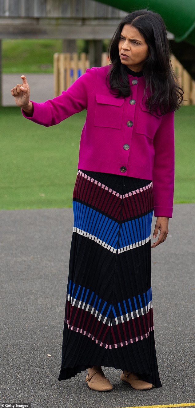 Last week, Murty continued her low-key dressing by re-wearing a £225 striped midi dress from Jigsaw while touring Shinewater Primary School in Eastbourne.