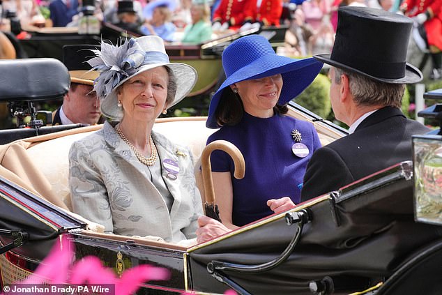 Lady Sarah (centre) attended the event with her husband Daniel Chatto, Princess Margaret (left) and her husband Vice-Admiral Sir Tim Laurence (right).