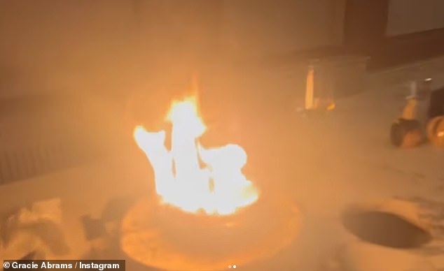 The singer, 34, was seen shocked as she bathed her luxury kitchen in steam from the fire extinguisher after a candle fell over, causing a small fire.