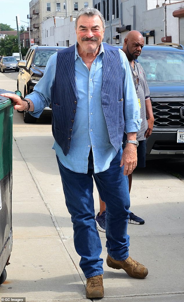 Selleck is seen on the set of Blue Bloods filming on June 20 in New York City.