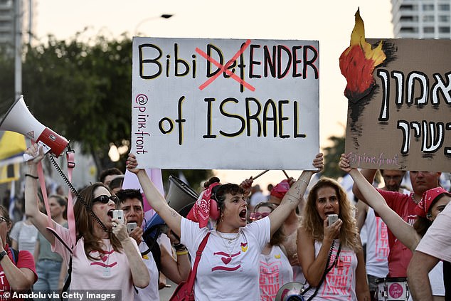 Distress: Thousands gathered to join in their call for a hostage exchange deal with Gaza and the ouster of the Benjamin Netanyahu-led government.