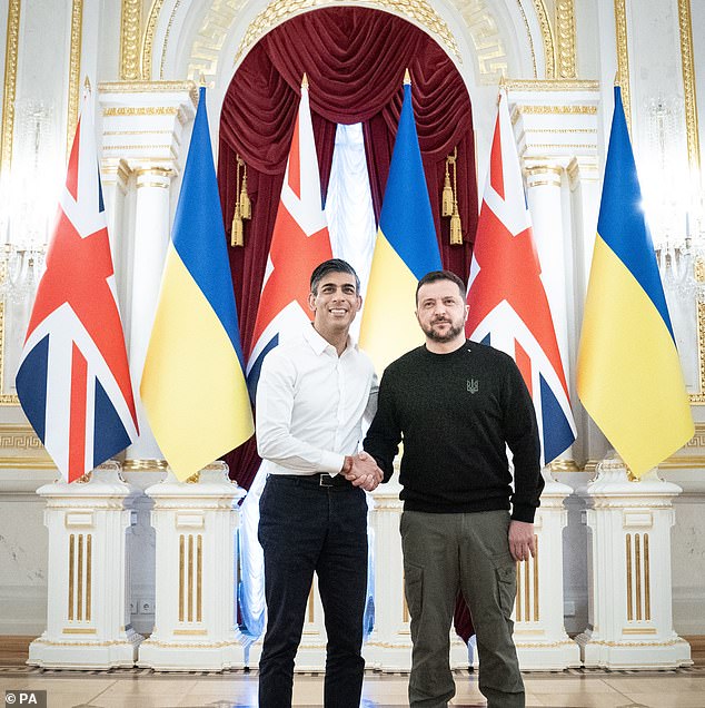 Farage's controversial comments were condemned by Prime Minister Rishi Sunak. Pictured: Sunak shakes hands with Ukrainian President Volodymyr Zelensky during a visit to the Presidential Palace in kyiv, Ukraine, to announce a major new £2.5bn package of military aid to the country over the next year, 12 January 2024.