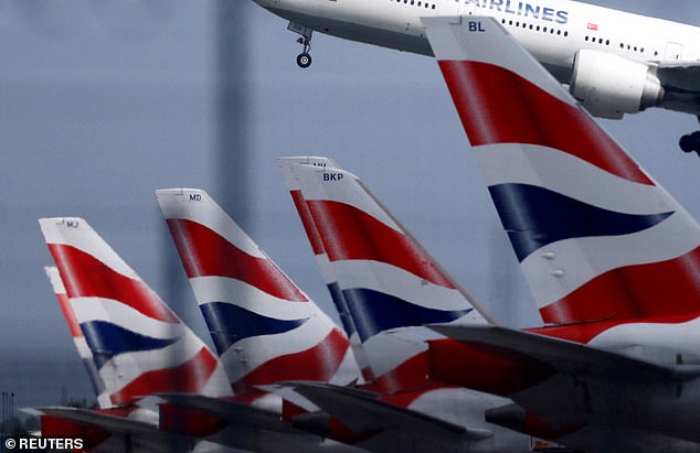 The pair have now been withdrawn from service, with flights left unstaffed as they stretched cabin crew services while they were away. Pictured: Stock image of BA tail fins.