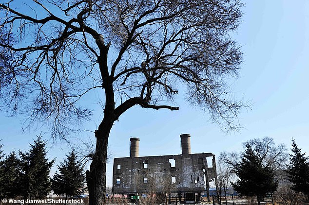 The ruins of one of the germ warfare facilities, with two large chimneys.