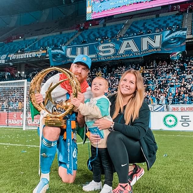 In his two years at Ulsan, he won the title twice and celebrated his first on the field with his family. He captioned this image on Instagram 