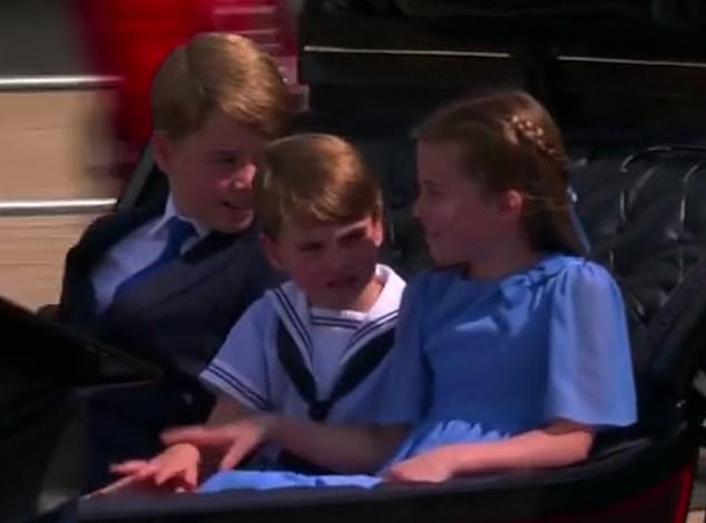 During the Platinum Jubilee celebrations, Charlotte was seen scolding her two brothers. During the carriage ride, she told Prince Louis to put his hands down (pictured)