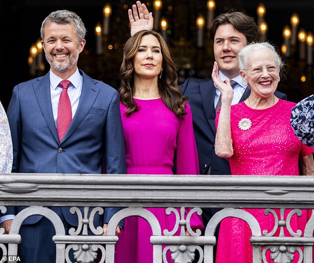 Different country, same story: King Frederick, Queen Mary and Queen Margaret of Denmark pictured in May: Frederick was named monarch after Queen Margaret of Denmark abdicated