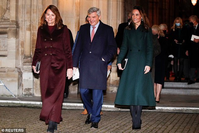 Pippa, Michael and Carole Middleton leave Westminster Abbey carol service in 2021