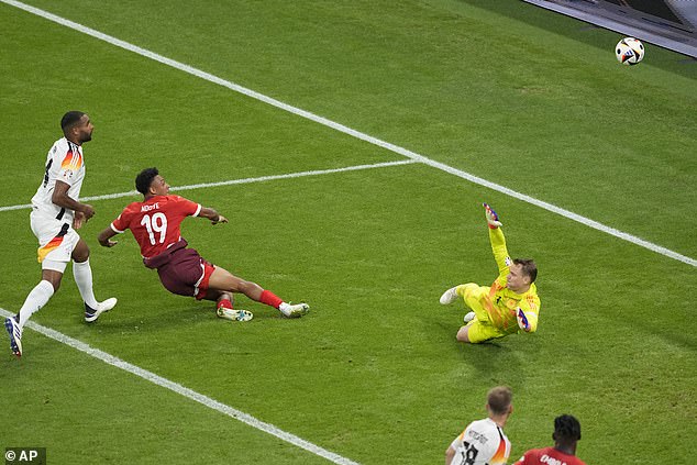 Switzerland originally took the lead after Dan Ndoye (red jersey) stretched to smash a volley past Manuel Neuer (right).