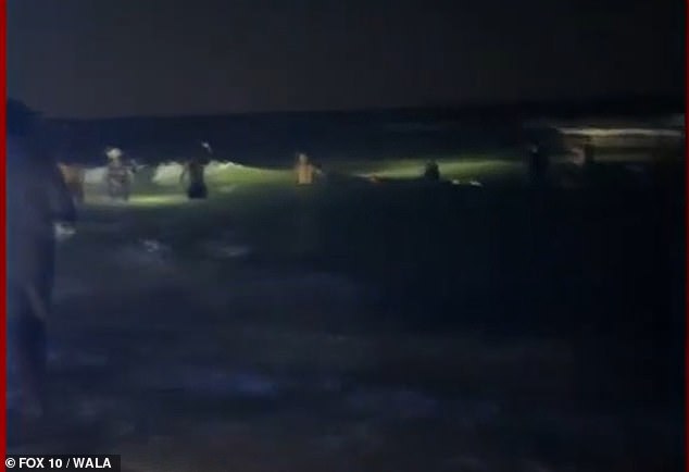 Dozens of volunteers shone their flashlights into the water to help in the search.