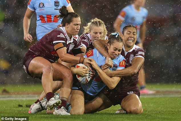 Game three of the 2024 Women's State of Origin series begins on Thursday in Townsville (pictured, New South Wales star Kezie Apps is tackled in game two)