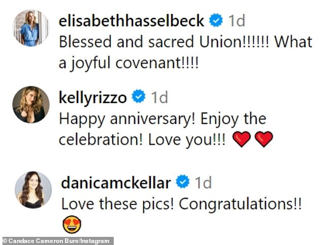 Cameron Bure's Instagram post received congratulatory comments from Bob Saget's widow Kelly Rizzo, Elisabeth Hasselback, Danica McKellar and Tamera Mowry Housley, as well as Dancing with the Stars pros Sasha Farber and Maksim Chmerkovskiy.