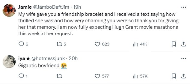 Fans flocked to the comments section, with one revealing how his wife was touched when she presented Hugh with a friendship bracelet.