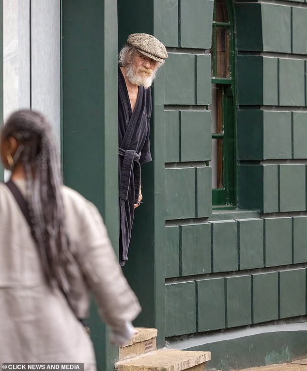 Sir Ian McKellen at his London home yesterday after returning from hospital last week.