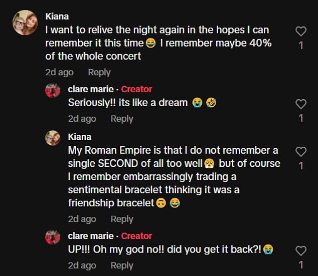 After four hours of adrenaline, excitement and more than 40 songs, fans return home and realize they don't remember anything. @Kiana commented on @clare.marie56 that she agrees that she only remembers about 40 percent of the concert.