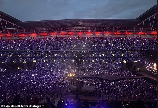 Princess Beatrice's husband Edo Mapelli Mozzi shared a snap of the packed stadium (pictured) on Instagram.