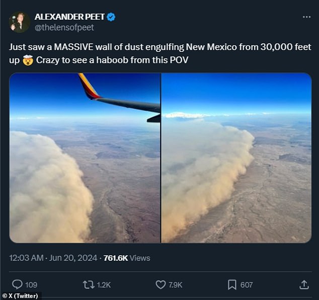 An airline passenger photographed the wall of dust advancing from 30,000 feet above the state and posted on the social media site X: 