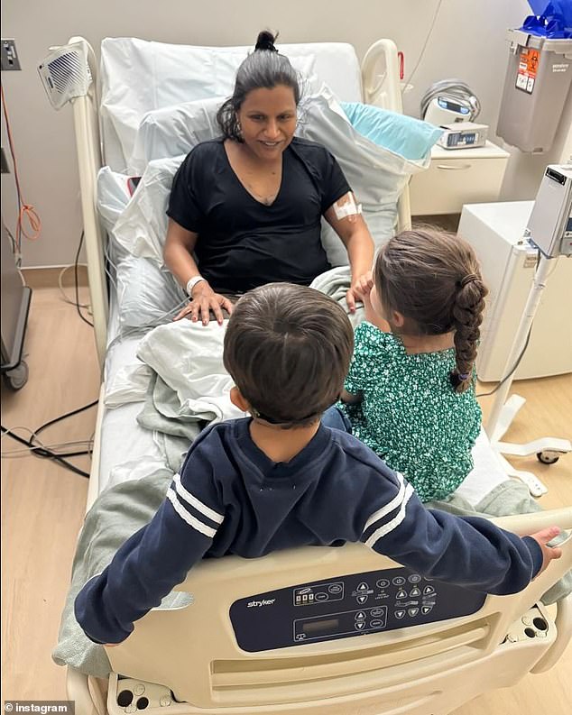 The post also contained an image of Mindy sitting on the hospital bed, surrounded by her two children.