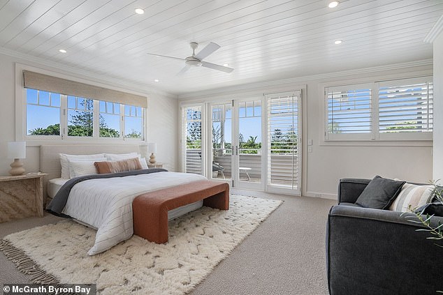 The renovated six-bedroom property (one of the bedrooms is pictured) dates back to the 1880s and is situated on what has been called the 'Golden Grid' of Byron Bay.