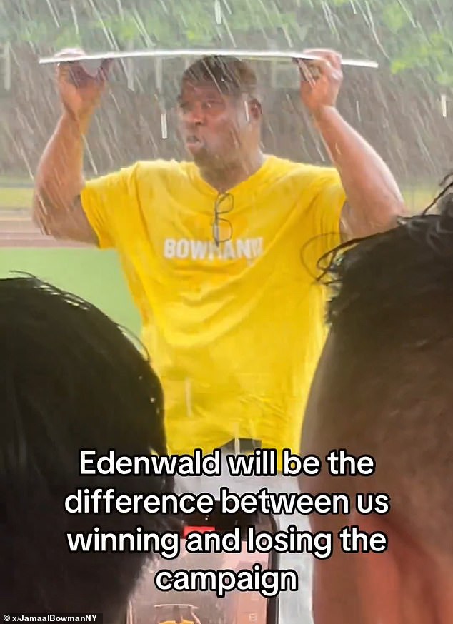 Bowman visited the Edenwald neighborhood of the Bronx in the pouring rain to plead with residents to support him in the primary.