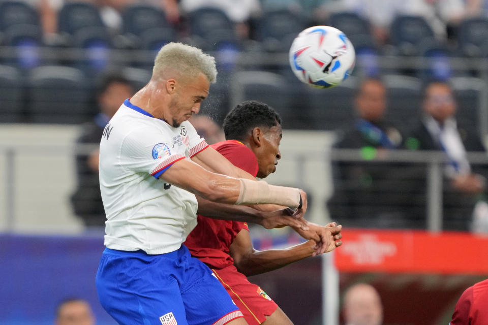 ARLINGTON, TEXAS – JUNE 23: Antonee Robinson #5 of the United States heads the ball during the first half against Bolivia at AT&T Stadium on June 23, 2024 in Arlington, Texas. (Photo by John Todd/ISI Photos/USSF/Getty Images for USSF)