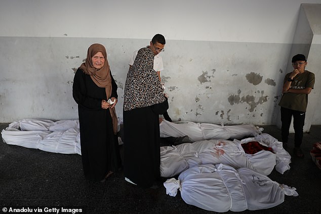 Distraught relatives of the deceased look at the body bags of airstrike victims