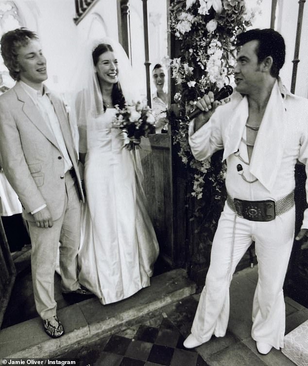 Jools, who idolizes Elvis Presley, was paraded around the island at the Las Vegas chapel, 23 years after they married in 2000 (pictured on their wedding day in 2000).