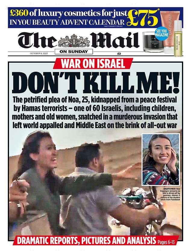 The Mail On Sunday front page after the October 7 attacks, with Noa's plea: 