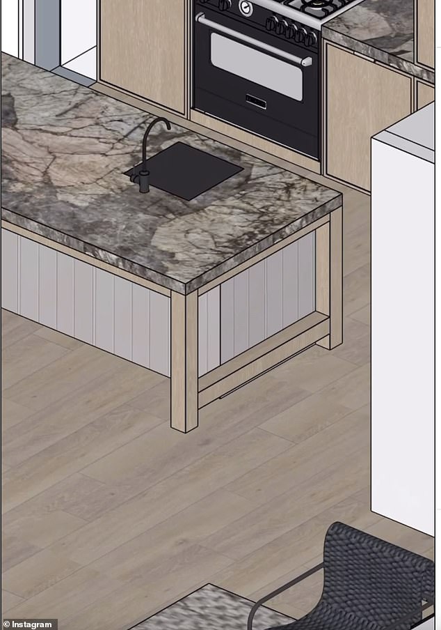 Bec said the new platform will feature Patagonia, a quartzite stone from South America supplied by Melbourne company Signorino. Pictured: A designers' impression of the finished kitchen that features a breakfast island.