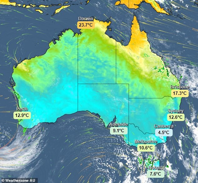 A low pressure system will move inland and into south-west WA and the Pilbara region, causing falls of between 15mm and 40mm this week (pictured, a map of the weather zone)